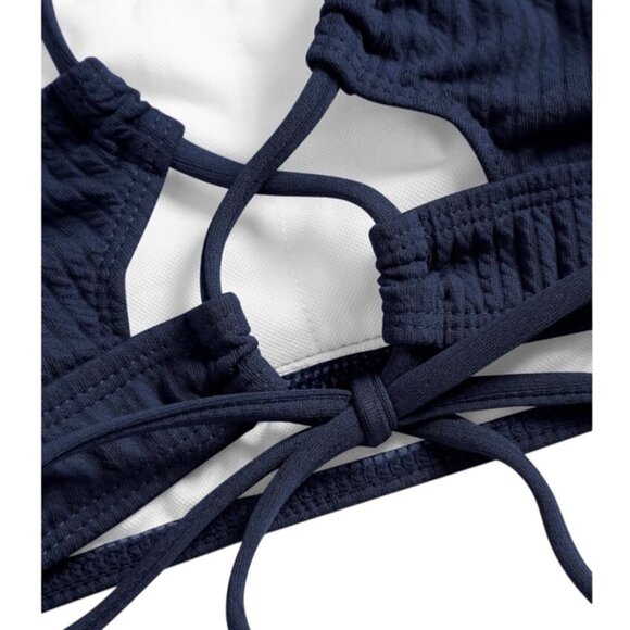 Zaful Women Navy Blue Ribbed Bikini Set Small Criss Cross Tie High Cut Swimsuit - Picture 4 of 10